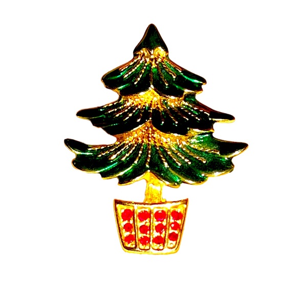 2 for $16 Holiday Christmas Tree Brooch Green Enamel Red Rhinestones Gold Tone - Picture 1 of 4